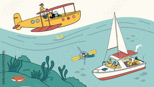 Seaplane and Sailboat Excursion Fun Summer Vacation Travel Adventure Undersea View for Tourism Brochures