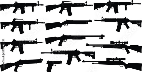 Assault rifle silhouette illustration set, modern military firearms collection, automatic guns and carbines, tactical weapon shapes, isolated black vector design