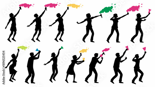 Joyful People Silhouettes Throwing Colorful Powder Celebrating Holi Festival Fun Outdoor Party Event