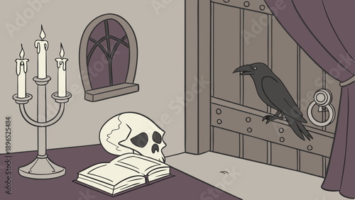 Gothic Mystery Scene with Raven Perched by Door Skull and Candles for Halloween Horror Storybook Design