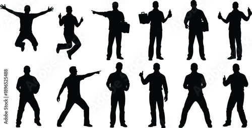 Dynamic silhouette poses, expressive gestures, jumping figure, walking thumbs-up, briefcase stance, pointing action, black figures, body language, animation reference, posture study