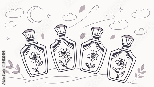 Four Elegant Perfume Bottles with Floral Designs Under Night Sky for Beauty Product Branding and Fragrance Advertising