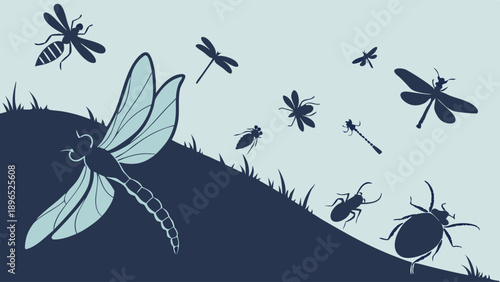 Dynamic Dragonfly and Insect Swarm Flying Over Dark Grassy Hill for Nature Ecology Science Design Projects