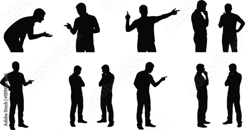 Conversation silhouettes, expressive gestures, body language, pointing pose, thinking stance, discussion scene, black figures, social interaction, communication moment, gesture study