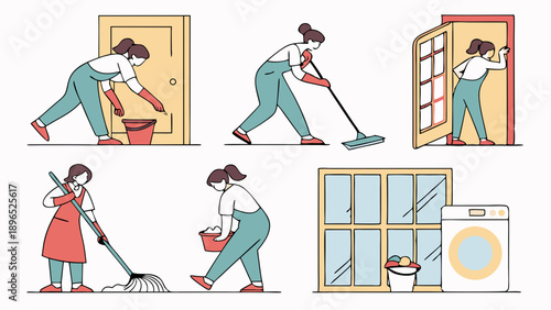 Housekeeping Woman Cleaning Home Interior Windows Doors Floors for Residential Cleaning Service Advertisement Illustration