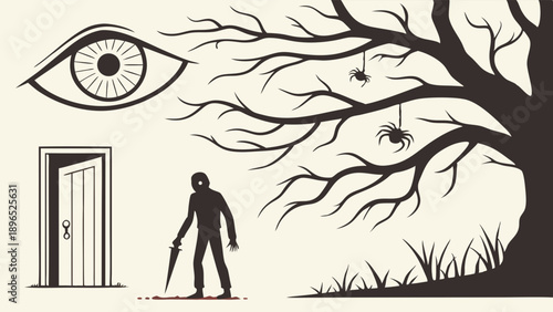 Sinister Silhouette of Man with Weapon Under Spooky Tree with Spiders and Watching Eye for Horror Thriller Design