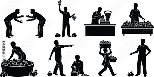 Fruit market silhouettes, vendor activity, customer interaction, grape holding, apple picking, weighing fruit, basket carrying, cash register, black figures, selling scene