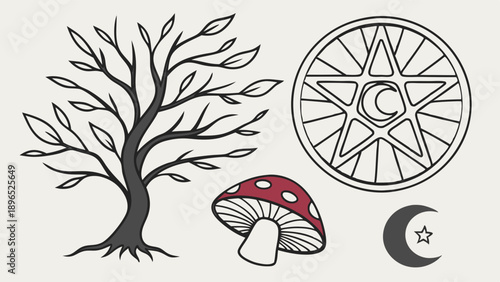 Mystical Pagan Witchcraft Symbols Tree Mushroom Pentagram Crescent Moon Tattoo Design for Spiritual Branding
