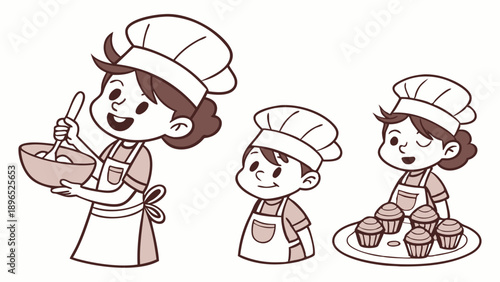 Happy Children Baking Cupcakes Together Family Cooking Activity for Recipe Websites or Holiday Promotions