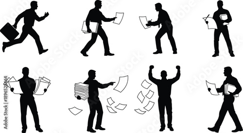 Office man silhouettes, paper handling, business action, document flying, briefcase running, reading pose, pointing gesture, black figures, workday stress, productivity