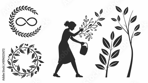 Gardening Woman Silhouette Planting Sapling Branches Laurel Wreath Infinity Symbol for Ecology Growth Sustainability Design Elements