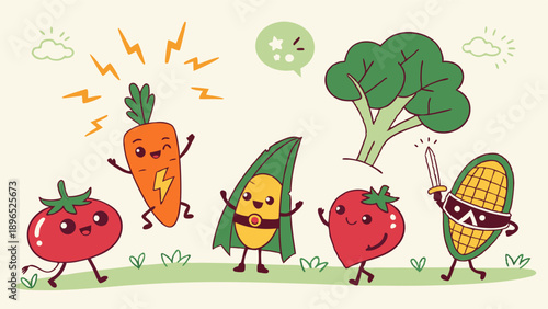 Funny Happy Vegetable Characters Carrot Broccoli Corn Tomato Strawberry Cartoon for Healthy Kids Food Web Design