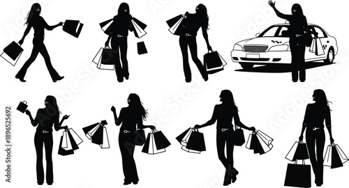 Shopping woman silhouettes, retail spree, bag carrying, consumer behavior, gift holding, walking pose, black figures, car background, purchase moment, fashion scene