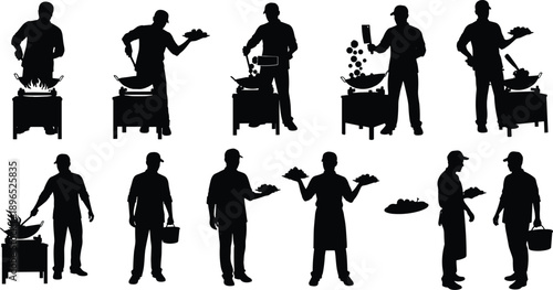 Cooking silhouettes, kitchen activity, food preparation, chef teamwork, stove cooking, plate serving, container carrying, culinary action, black figures, restaurant scene