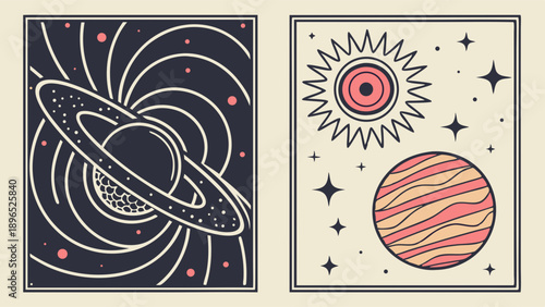 Vintage Space Illustration Set Black Hole Planet Sun Stars for Cosmic Web Design or Retro Science Print Projects