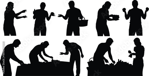 Market shopping silhouettes, people handling goods, retail interaction, basket carrying, product selection, vendor activity, commerce scene, black figures, urban marketplace, trade