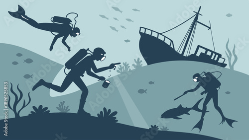 Underwater Exploration Divers Discover Sunken Shipwreck Treasure Hunting Marine Archaeology Adventure Scene