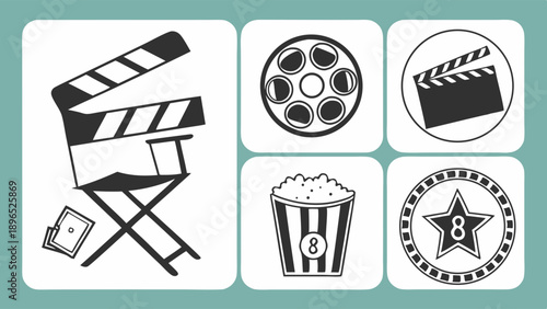 Cinema Movie Production Icons Set Director Chair Film Reel Popcorn Star Award for Entertainment Website Design