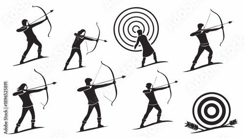 Archery Silhouettes Set Focused Athletes Aiming Bows and Arrows at Target for Sport Competition or Goal Achievement Illustration
