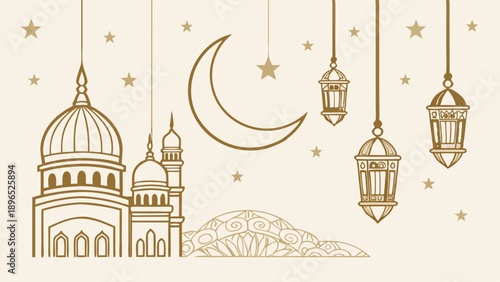 Elegant Islamic Mosque Silhouette with Crescent Moon and Hanging Lanterns for Ramadan Eid Celebration Background Design