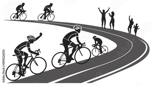 Dynamic Cyclists Competing on Winding Road with Cheering Spectators for Sports Event Promotion and Fitness Advertising