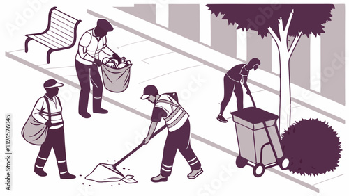 City Sanitation Workers Cleaning Sidewalks and Streets for Community Cleanliness and Urban Maintenance Projects