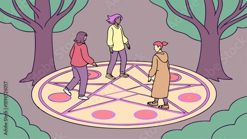 Three Diverse Young Women Standing on Glowing Pentagram Ritual Circle in Forest for Occult Gathering or Spiritual Ceremony