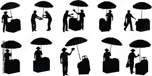 Silhouette street vendor illustration, umbrella cart, customer interaction, retail gesture, black figures, selling routine, outdoor market concept