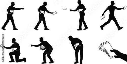 Silhouette flyer distribution illustration, paper handout action, promotional gesture, advertising concept, black figures, marketing communication pose