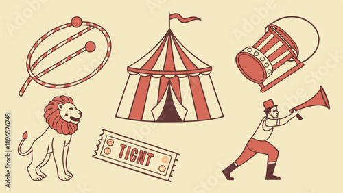 Vintage Circus Carnival Icons Set for Event Promotion Entertainment Flyer Design Fun Fair Ticket Illustration