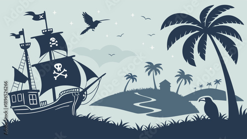 Pirate Ship Arrives at Tropical Island Treasure Map Adventure for Kids Games and Vacation Promotion Silhouette