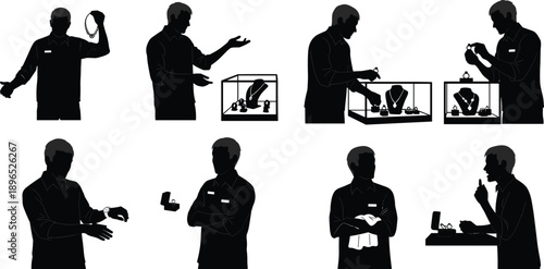 Silhouette jewelry store employee illustration, product presentation, customer service, ring display, necklace demo, black figures, retail concept