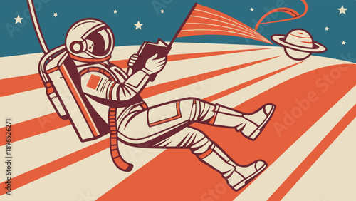 Astronaut Floating in Space Reading Book Holding Flag Near Saturn for Education Science Web Design Background