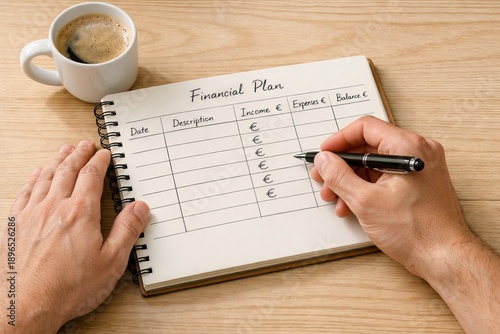 Wallpaper Mural Entrepreneur Reviewing Budget Details. Focused Individual Managing Expenses In Comfortable Home Setting. Person Using Planner To Track Income And Costs At Cozy Wooden Table Torontodigital.ca