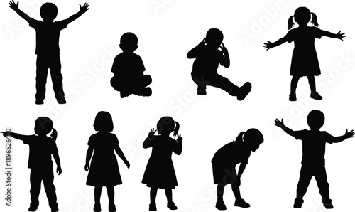 Children silhouette illustration set, kids standing sitting playing gestures, childhood activity collection, happy lifestyle concept, isolated black vector design