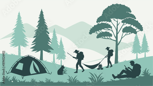 Silhouette of Hikers Setting Up Camp with Tent and Hammock in Forest for Outdoor Adventure Travel and Recreation Website Design