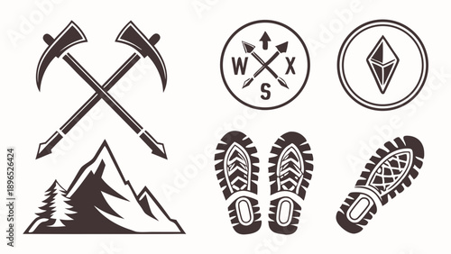 Rustic Adventure Icons Set for Outdoor Travel Branding Hiking Gear Mountain Climbing Design Elements for Apparel Print