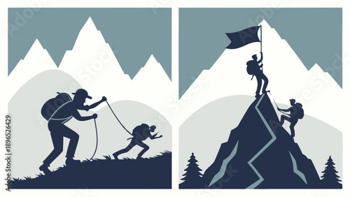 Mountain Climbers Reaching Summit Success Silhouette Teamwork Achievement for Adventure Travel Web Design and Motivation Posters