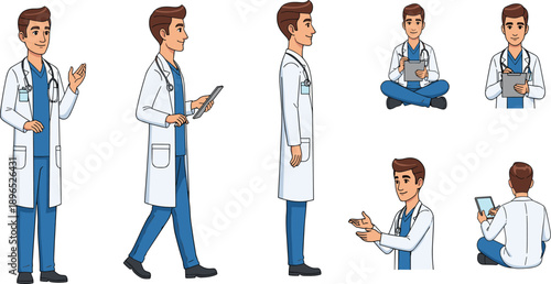 Hospital Male Doctor or Therapist in Medical Uniform. Healthcare Character Constructor for Animation with Front, Side and Back Views, Body Poses and Parts 