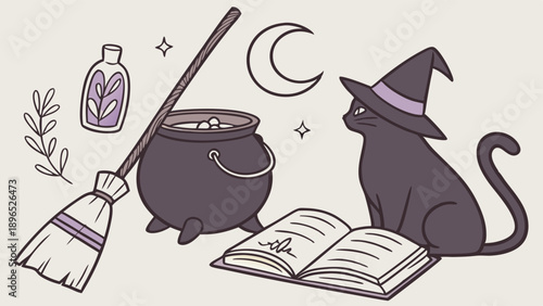 Mystical Witch Cat Brewing Potion with Cauldron Broom and Spell Book for Halloween Occult Design Projects