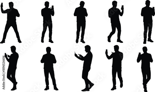 Smartphone user silhouettes, mobile interaction poses, digital lifestyle illustration, black vector icons, modern communication behavior set