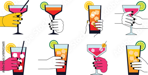 Colorful Cocktail Glasses in Hands Collection with Lime and Orange Garnish Flat Vector Illustration Set