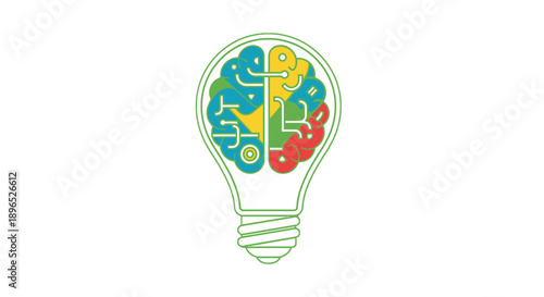 Colorful brain inside a lightbulb symbolizing creativity and innovation.