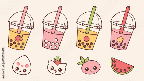 Kawaii Bubble Tea Drinks and Cute Fruit Characters for Cafe Menu Design Summer Refreshment