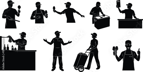 Ice cream vendor silhouettes, food service worker actions, beverage cart illustration, retail counter poses, black vector icons for training