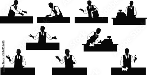 Retail cashier silhouette set, shop assistant actions, customer service illustration, counter work poses, black vector icons for training