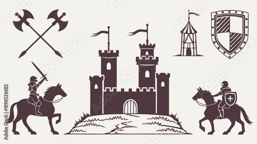 Medieval Knight Icons Set Castle Siege Warfare Armor Shield Axes for Game Design History Book Illustration Epic Adventure