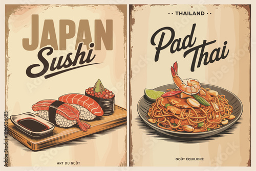 Vintage-style diptych food poster featuring Japanese sushi and Thai Pad Thai with hand-drawn illustrations, sepia tones, and distressed texture.