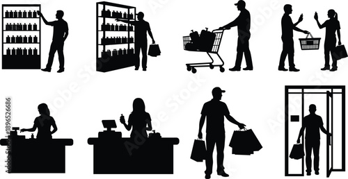 Shopping activity silhouettes, retail customer journey, checkout interaction, grocery store scenes, consumer behavior, black vector icons for commerce