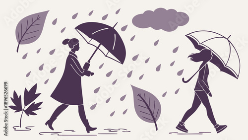 Autumn Rainy Day Walking Women Silhouettes with Umbrellas for Weather Forecast or Seasonal Web Design Projects